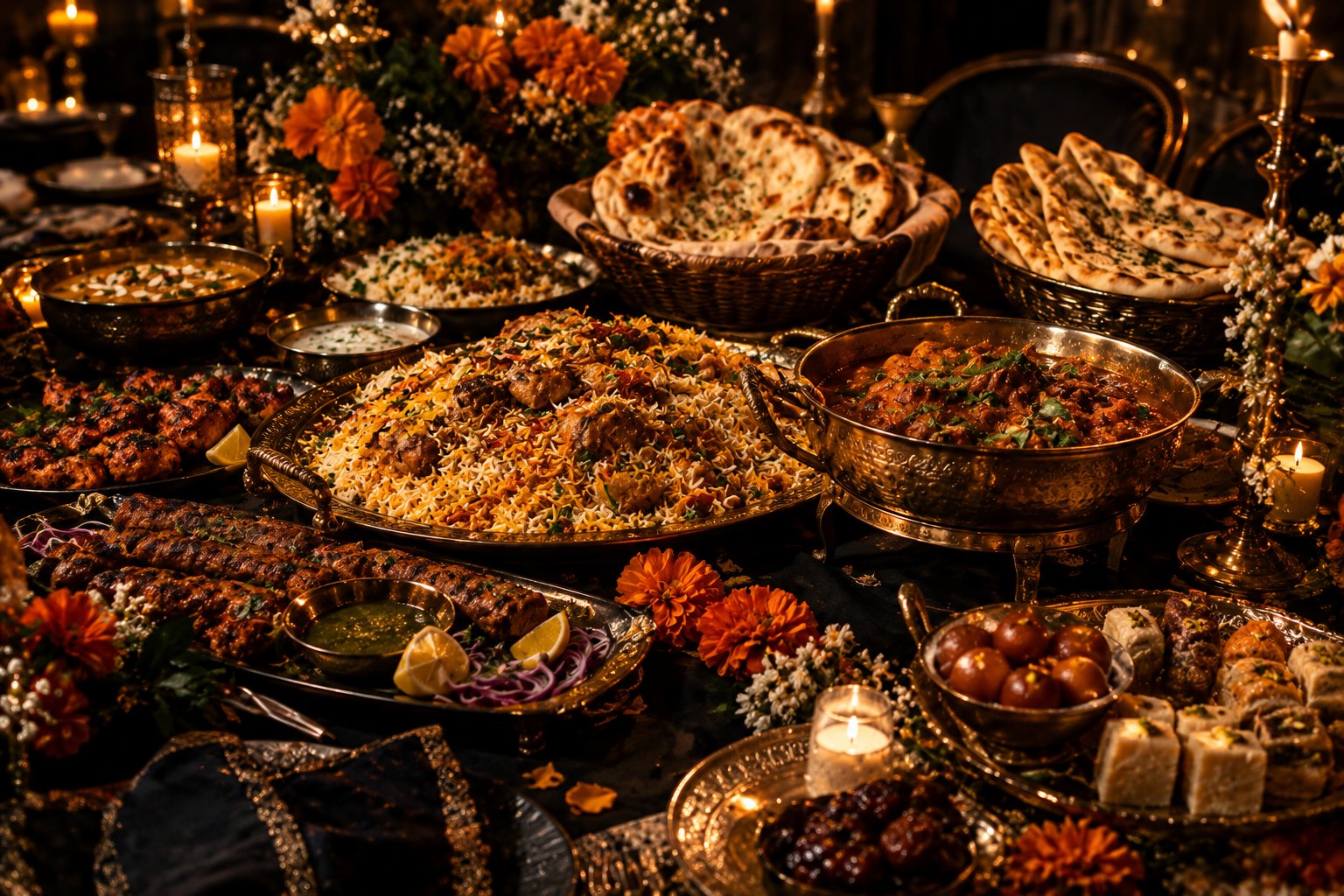 Feesttafel met biryani, karahi en sweets