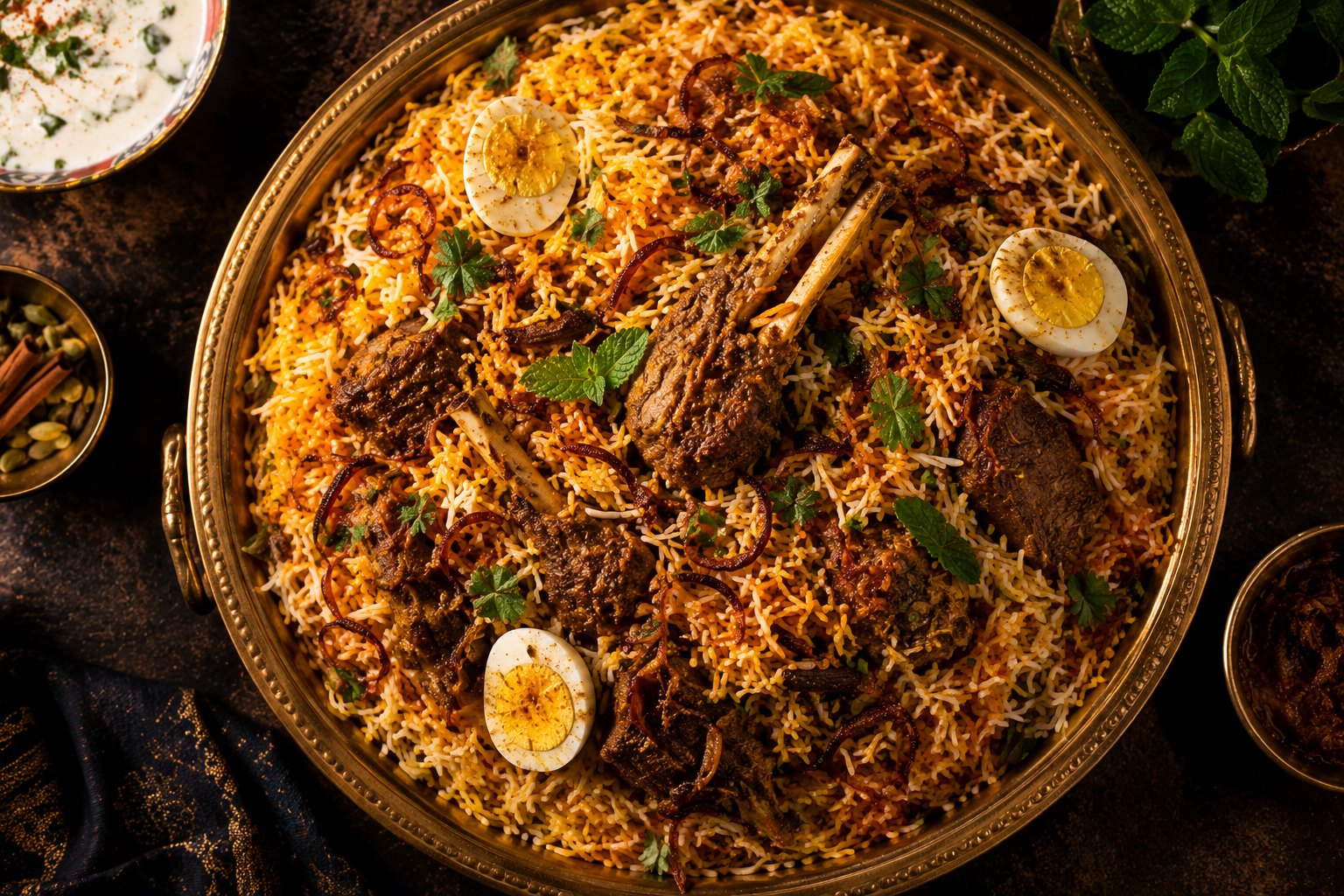 Lamsbiryani op een messing schaal