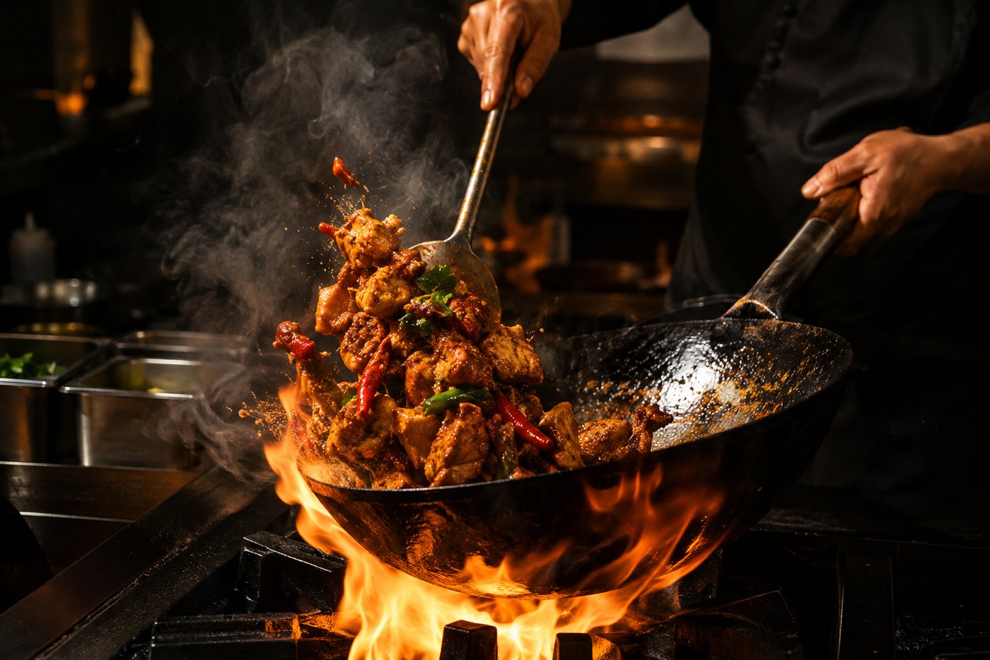 Karahi uit de wok boven het vuur
